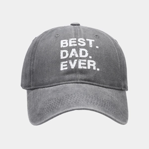 Detail of grey washed cotton baseball cap with BEST DAD EVER print and vintage texture