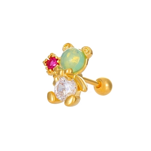 Golden bear stud earring with green cat-eye stone, white zircon and red crystal accents