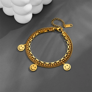 Three-layer gold stainless steel chain bracelet featuring classic smiley face charms