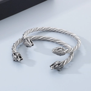 Bracelets manchette en acier inoxydable torsadé avec têtes de loup et de serpent vintage