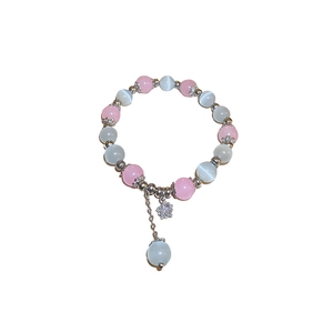 Pink and white cat eye bead elastic bracelet with silver snowflake charm for women