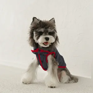 Pet Dog Denim Quilted Vest Peter Pan Collar Winter Warm Jacket Sweet British Style Bowtie Puppy Clothing Blue