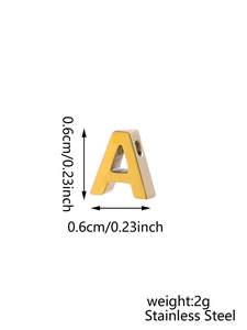 Detail view of 0.6cm gold stainless steel letter A pendant with dimensions and weight info