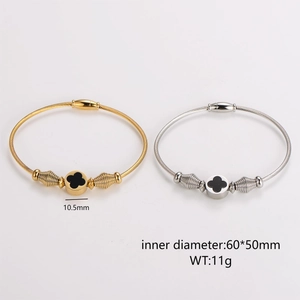 Stainless steel cable wire clover bangles in rose gold and silver finishes with dimensions
