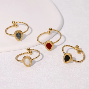 Vintage Water Drop Stainless Steel Open Ring For Women Gold Plated Hammered Texture Inlaid Rhinestone Adjustable Jewelry Finger Ring