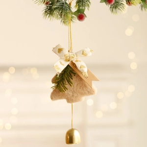 Christmas tree hanging ornament with plush fabric, golden bell and festive bow