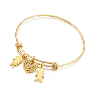 Adjustable Stainless Steel Bangle Bracelet Heart Boy Girl Pendants Fashion Jewelry Gift For Women Family Member