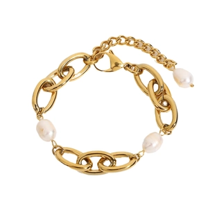18K gold plated stainless steel thick oval chain bracelet with three baroque pearls