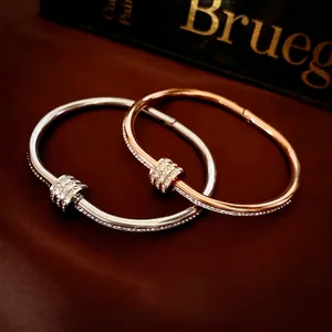 Stainless Steel Bangle Bracelet Rhinestone Sliding Rings Open Cuff Luxury Fashion Jewelry For Women Elegant