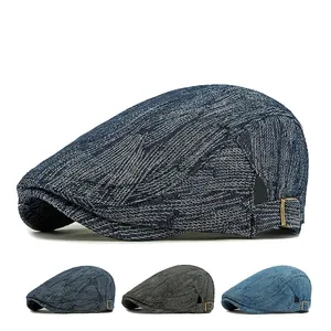 Vintage Denim Cotton Jacquard Newsboy Cap Flat Beret Adjustable Metal Buckle Retro British Style For Men Women Unisex