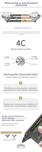 Moissanite 4C quality chart showing 1ct D color VVS clarity and 2.5x fire dispersion details