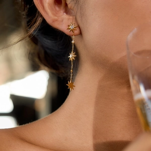 Orecchini pendenti classici in oro 18K e acciaio con zirconi a stella indossati da donna