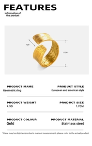 Detail showing dimensions and hammered texture of a wide golden stainless steel ring