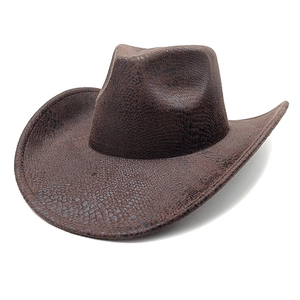 Classic brown western cowboy hat with faux snakeskin texture and rolled brim on white background