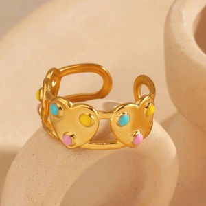 Bague Ouverte En Forme De Coeur Acier Inoxydable Points Émail Colorés Anneau Réglable Bijoux Mode Hip Hop Femmes Plaqué Or