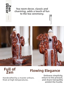Detail of handcrafted ceramic backflow incense burner showing mountain rock design and smoke