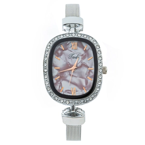 Elegant women's quartz watch featuring an oval dial with rhinestone bezel and silver mesh strap