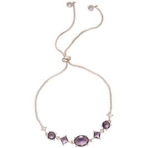 Adjustable silver bolo bracelet with purple zircon oval and floral butterfly charms