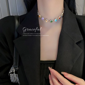 Colorful Round Gemstone Choker Necklace Gold Plated Alloy Rhinestone Elegant Fashion Accessory For Women