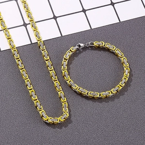 Macro view of two-tone gold and silver stainless steel chain necklace and bracelet set