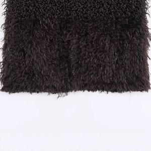 Deep brown faux fur coat with fluffy curly plush texture and soft synthetic fibers