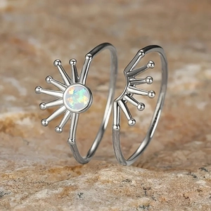 Silver sunrise ring with opal stone set on natural stone, bohemian adjustable jewelry