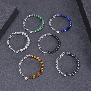 Magnetic heart bracelets with natural stone beads and stainless steel curb chains