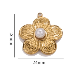 Detailed view of a gold flower pendant with white pearl and 26mm by 24mm dimensions
