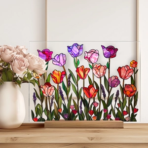 Artistic multi-color tulip acrylic plaque with glass texture on a wooden stand