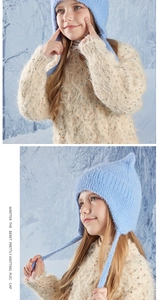 Detail of light blue knitted children's winter hat with earflaps and soft ties