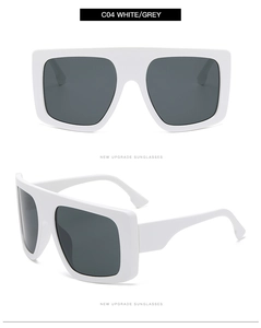 Front and side views of white oversized flat top sunglasses with dark grey lenses