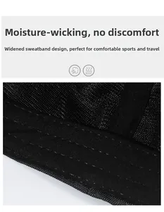 Detail of widened sweatband in black baseball cap with breathable moisture-wicking fabric