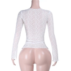 Detalle de la textura de encaje blanco transparente y el patrón floral calado detrás