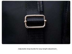 Detail of adjustable gold buckle on black nylon backpack strap for length modification