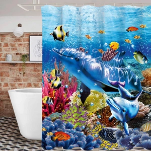 Detailed blue ocean shower curtain featuring dolphins tropical fish and coral reef scene