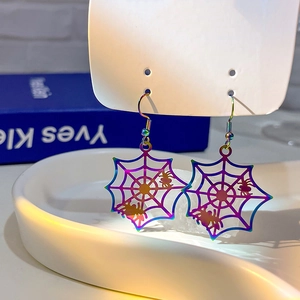 Rainbow plated spider web drop earrings with tiny spider detail for Halloween style