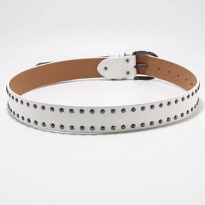 White leather belt with double row metal studs and black buckle in Y2K punk style