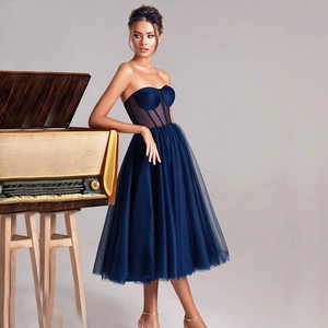 Strapless Mesh Tulle Prom Dress Corset Boning Elegant Evening Gown Party Wedding Guest Formal Midi Dress For Women
