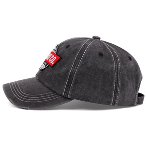 Distressed dark gray washed cotton baseball cap with embroidery and white contrast stitching