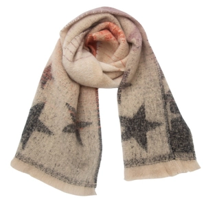 Detail shot of beige boucle yarn scarf featuring grey star patterns and orange accents