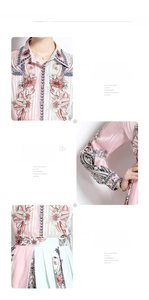 Detail view of floral print shirt dress showing collar, cuffs and elastic waist design