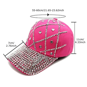Rose red rhinestone baseball cap with cotton canvas and adjustable size dimensions