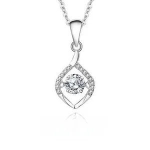 Macro view of S925 sterling silver swan pendant with sparkling heartbeat center stone