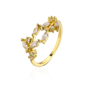 Detailed close-up of 18K gold plated copper ring with vine leaf marquise cubic zirconia