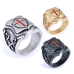 Men's Vintage Crusader Knight Templar Cross Shield Ring Stainless Steel Red Enamel Signet Jewelry Punk Retro