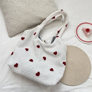 Sweet white fluffy tote bag with red heart embroidery for autumn and winter style