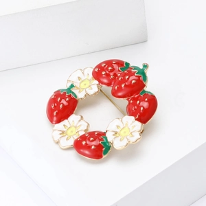 Exquisite strawberry wreath brooch with red enamel berries and white flowers in alloy metal