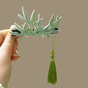 Bamboo style green embroidery hair clip with silk tassels and elegant bead drop