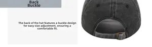 Detail of adjustable metal buckle on vintage washed black cotton baseball cap