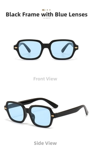 Detail of vintage square sunglasses with black frames, blue lenses and gold hardware